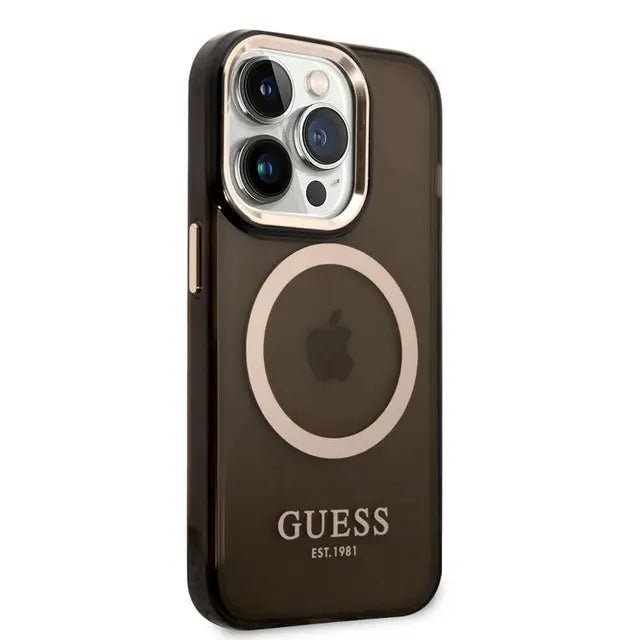 Guess Apple iPhone 14 Pro Max Magsafe Compatible Translucent Gold Outline & Logo - Black