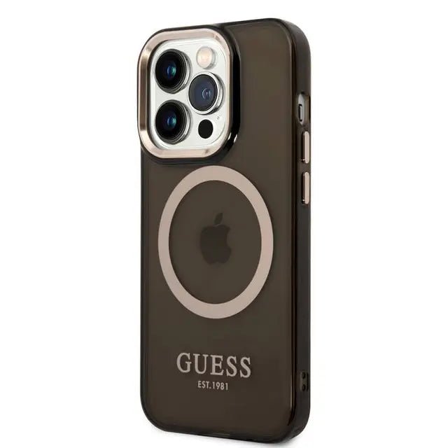 Guess Apple iPhone 14 Pro Max Magsafe Compatible Translucent Gold Outline & Logo - Black