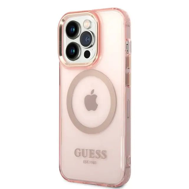 Guess Apple iPhone 14 Pro Max Magsafe Compatible Translucent Gold Outline & Logo - Pink