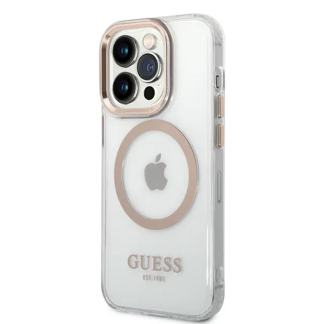 Guess Apple iPhone 14 Pro Max Magsafe Compatible Translucent Gold Outline & Logo - Transparent