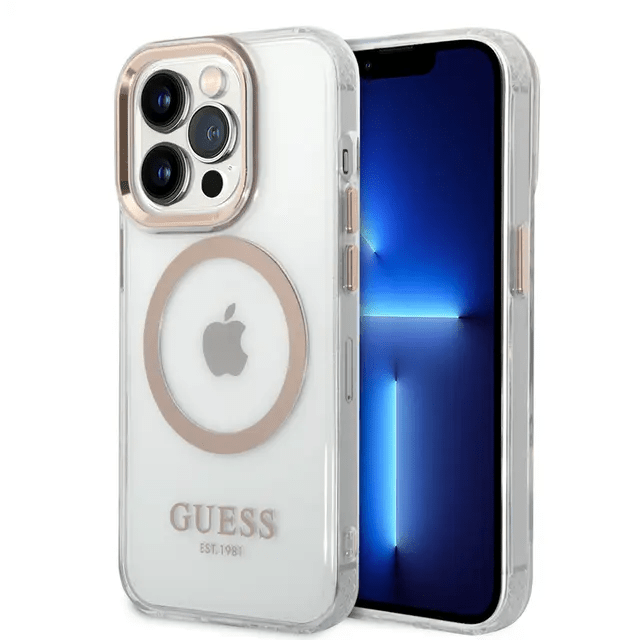 Guess Apple iPhone 14 Pro Max Magsafe Compatible Translucent Gold Outline & Logo - Transparent