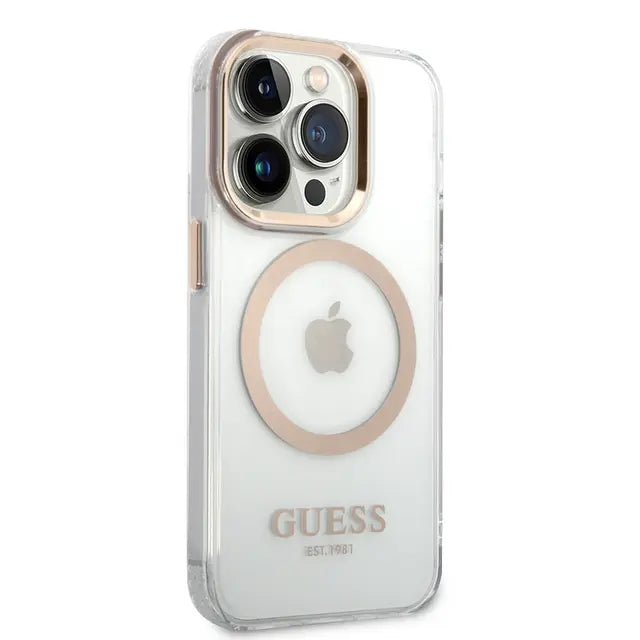 Guess Apple iPhone 14 Pro Max Magsafe Compatible Translucent Gold Outline & Logo - Transparent