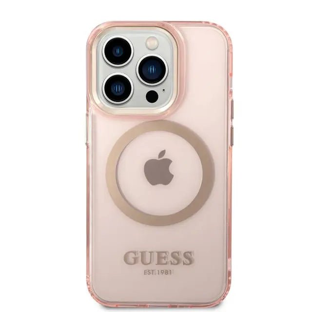 Guess Apple iPhone 14 Pro Magsafe Compatible Translucent Gold Outline & Logo - Pink