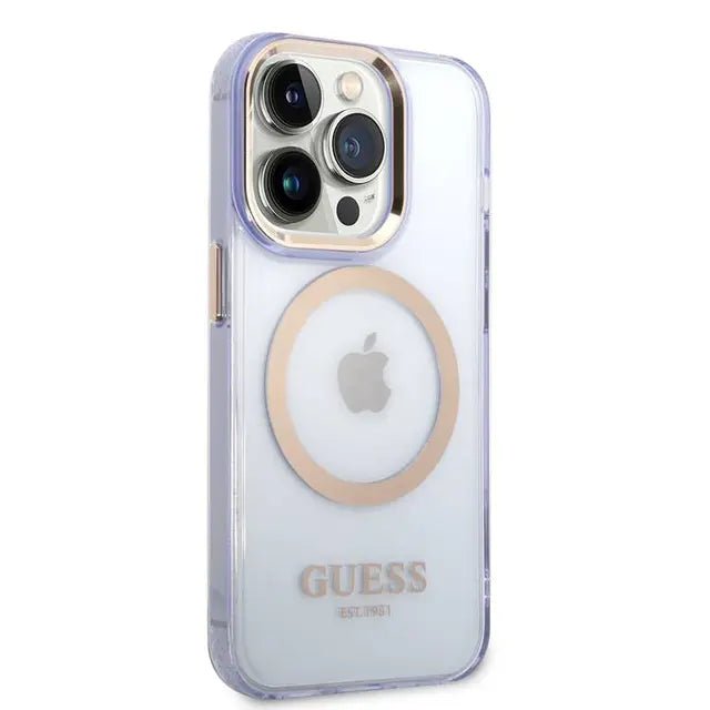 Guess Apple iPhone 14 Pro Magsafe Compatible Translucent Gold Outline & Logo - Purple