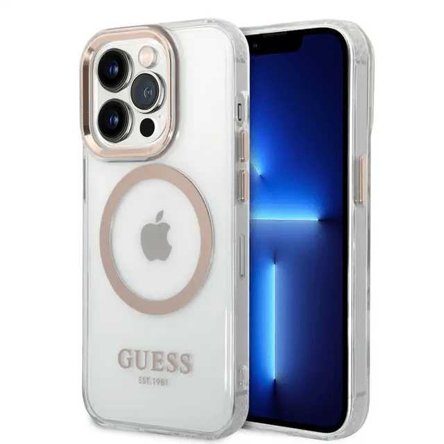 Guess Apple iPhone 14 Pro Magsafe Compatible Translucent Gold Outline & Logo - Transparent