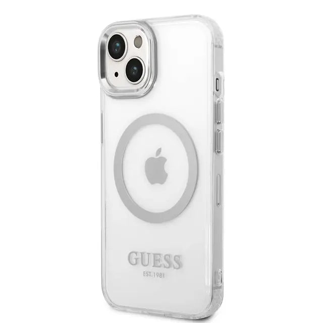 Guess Apple iPhone 14 Plus Magsafe Compatible Translucent Silver Outline & Logo - Silver