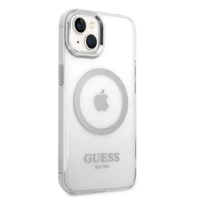 Guess Apple iPhone 14 Plus Magsafe Compatible Translucent Silver Outline & Logo - Silver