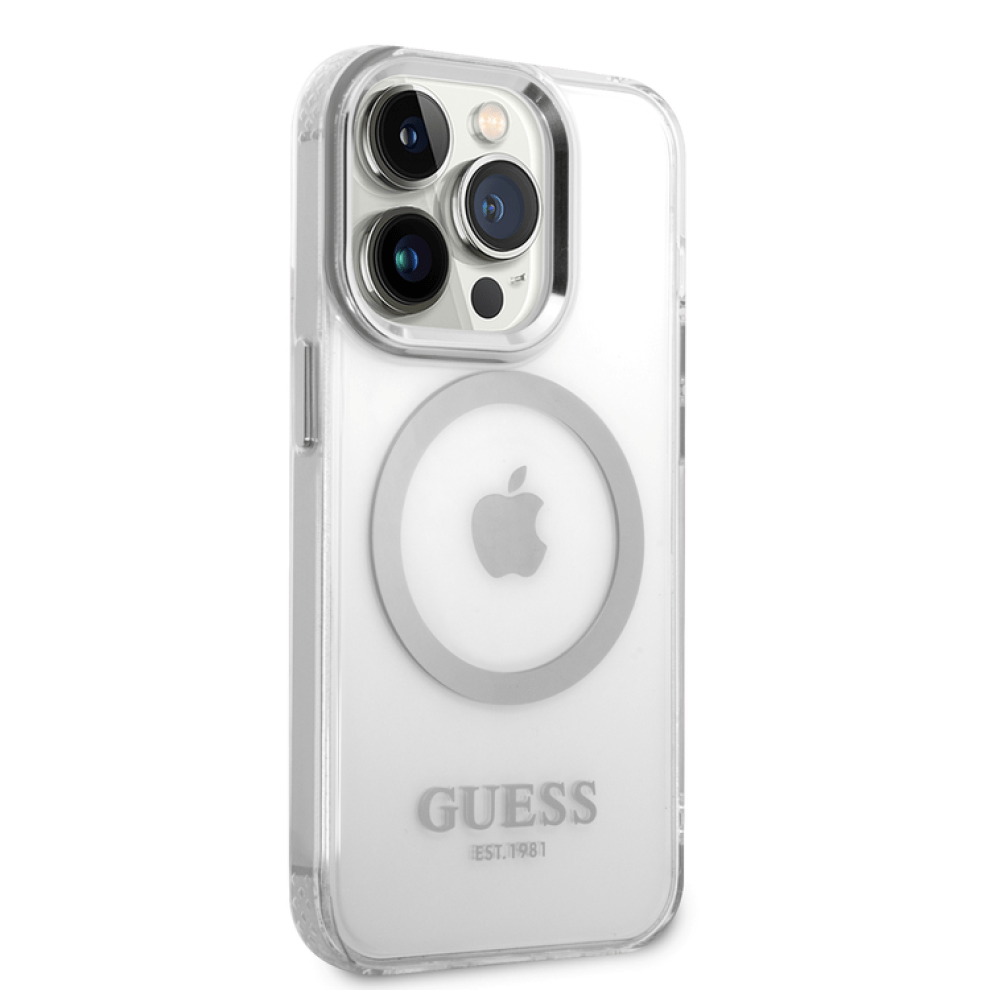 Guess Apple iPhone 14 Pro Max Magsafe Compatible Translucent Silver Outline & Logo - Silver