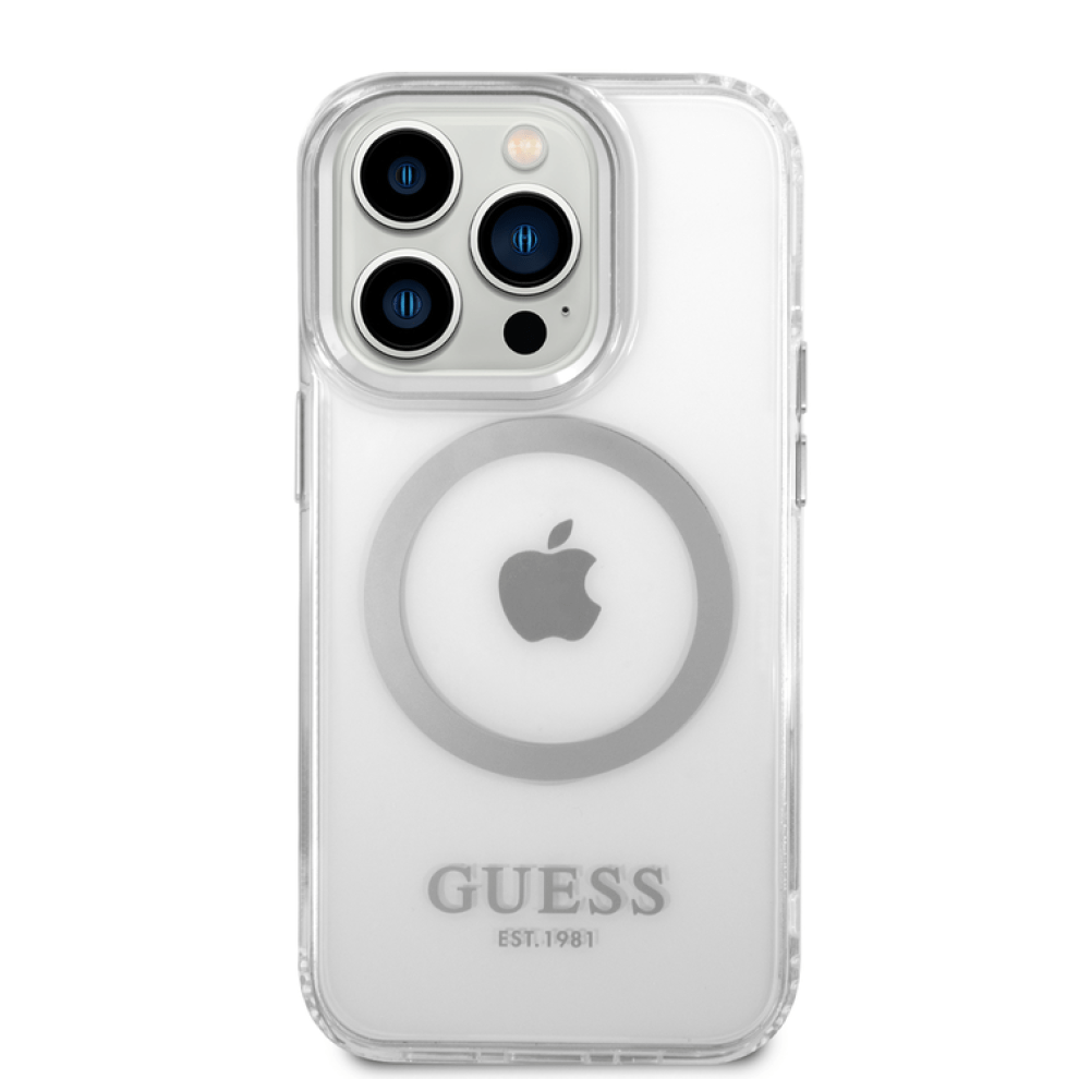 Guess Apple iPhone 14 Pro Max Magsafe Compatible Translucent Silver Outline & Logo - Silver