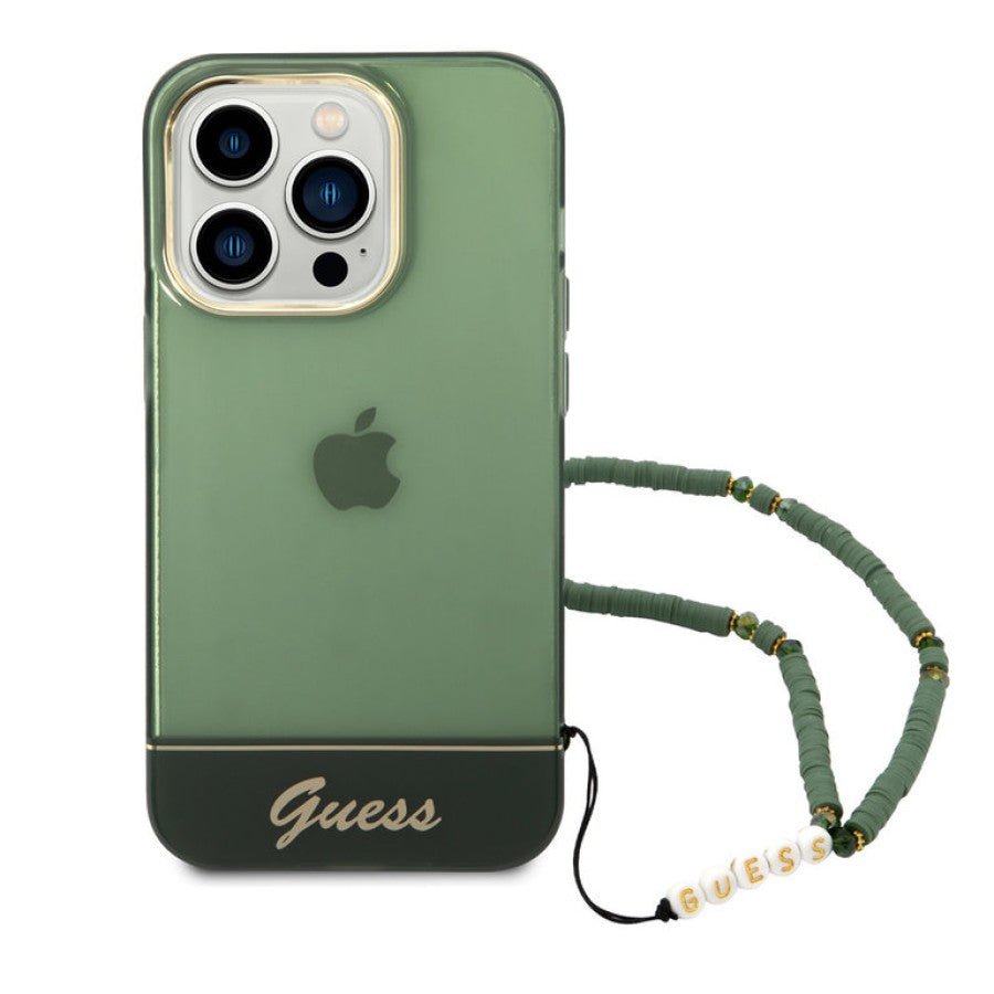 Guess Apple iPhone 14 Pro PC / TPU IML Case Double layer Electroplated Camera Outline Translucent with Strap - Green