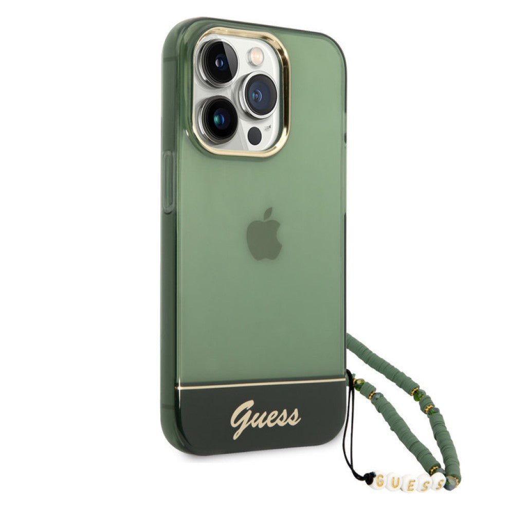 Guess Apple iPhone 14 Pro PC / TPU IML Case Double layer Electroplated Camera Outline Translucent with Strap - Green