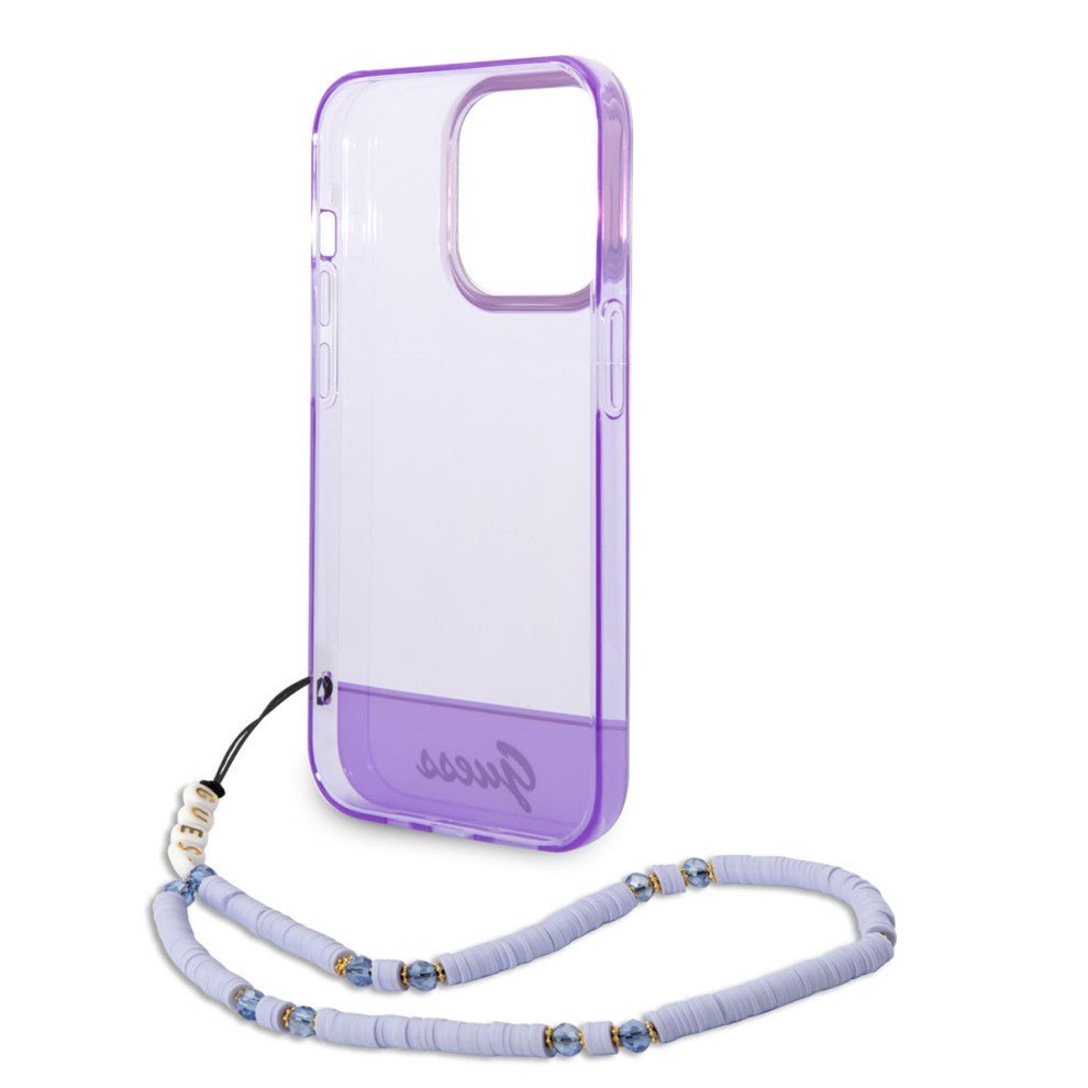 Guess Apple iPhone 14 Pro PC / TPU IML Case Double layer Electroplated Camera Outline Translucent with Strap - Purple