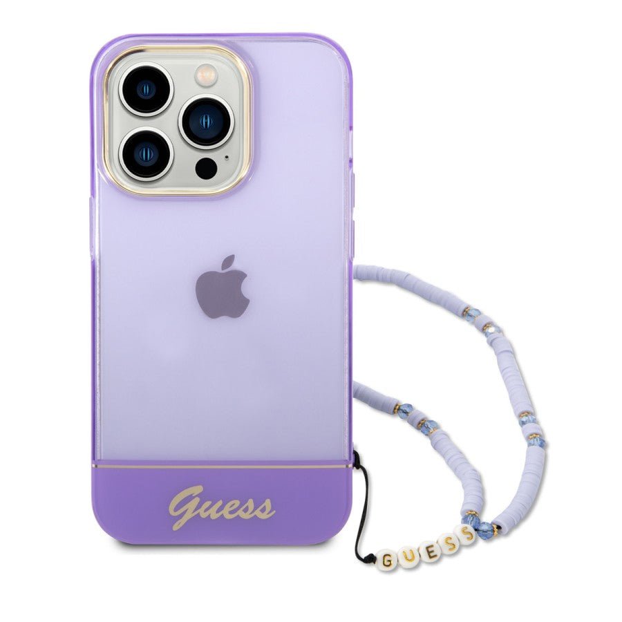 Guess Apple iPhone 14 Pro PC / TPU IML Case Double layer Electroplated Camera Outline Translucent with Strap - Purple