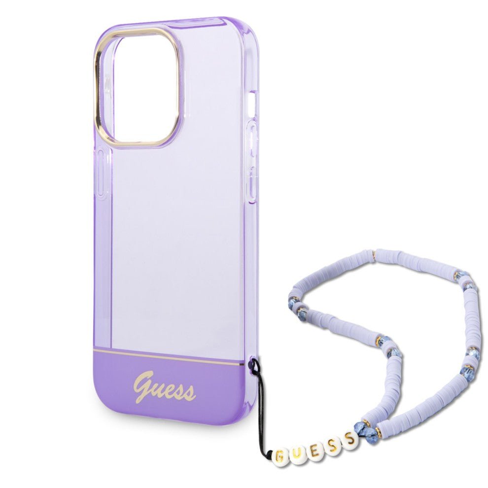 Guess Apple iPhone 14 Pro PC / TPU IML Case Double layer Electroplated Camera Outline Translucent with Strap - Purple