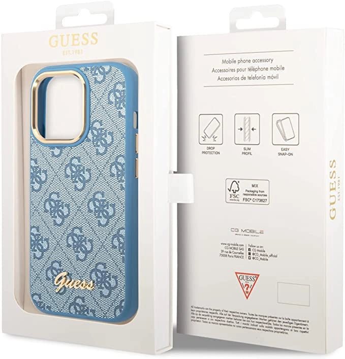 Guess Apple iPhone 14 Pro PC/TPU 4G PU Case With Metal Camera Outline & Buttons - Blue