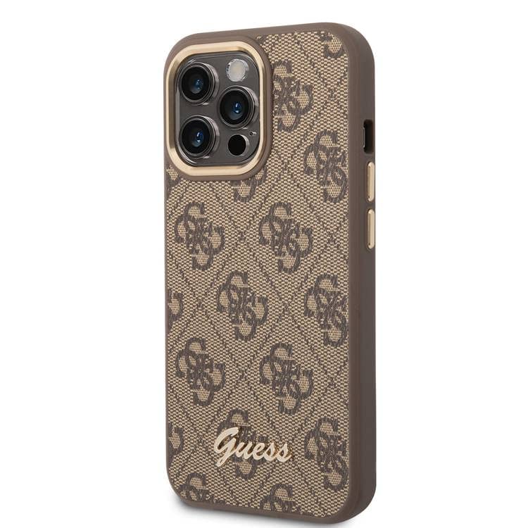 Guess Apple iPhone 14 Pro PC/TPU 4G PU Case With Metal Camera Outline & Buttons - Brown