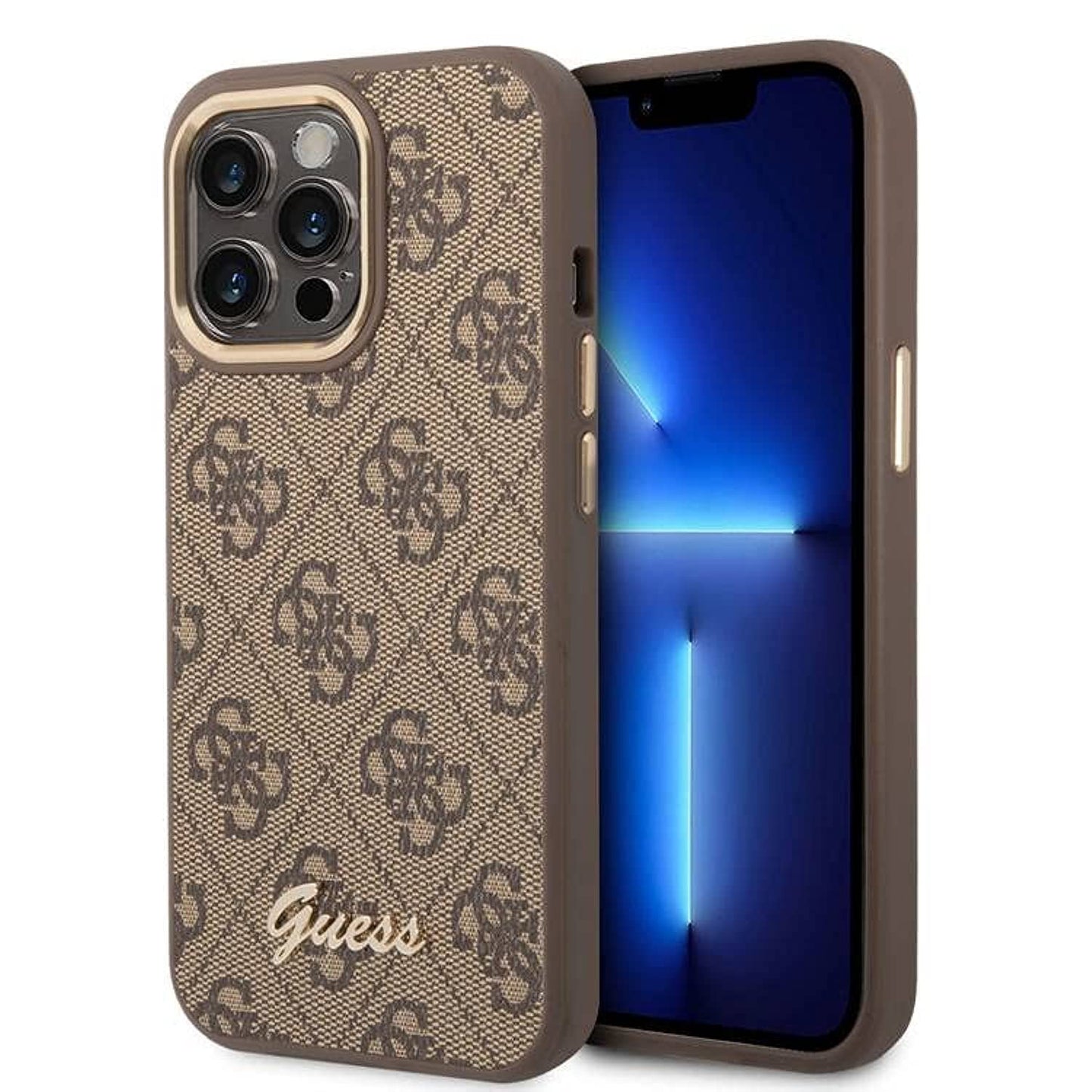 Guess Apple iPhone 14 Pro PC/TPU 4G PU Case With Metal Camera Outline & Buttons - Brown