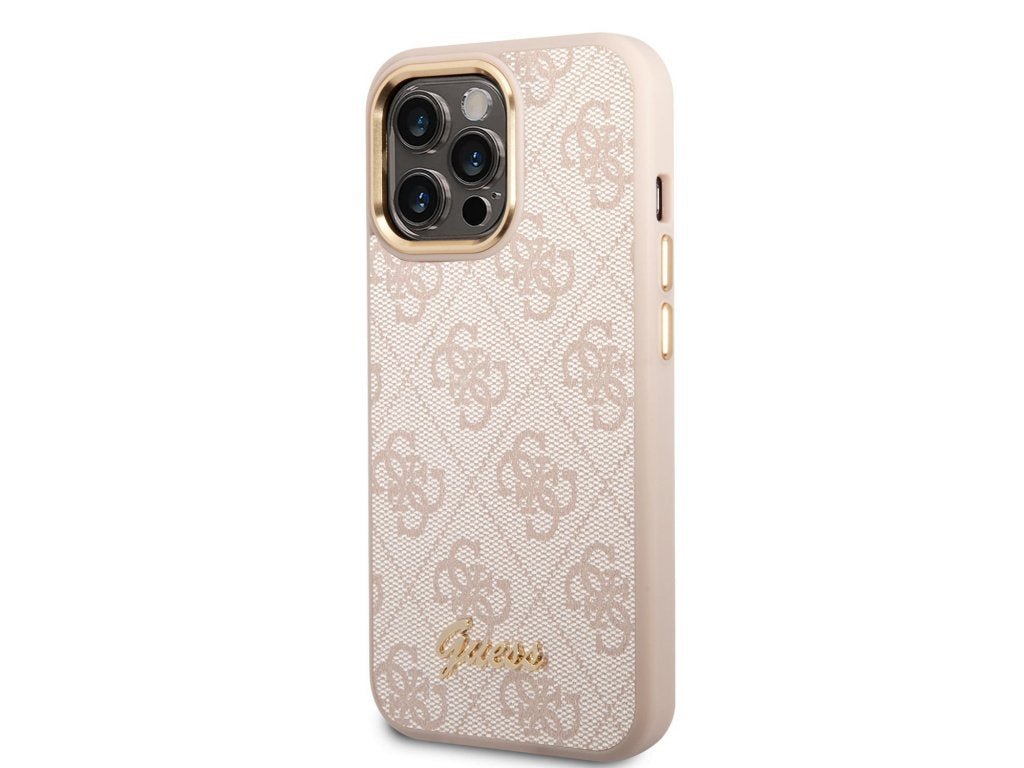 Guess Apple iPhone 14 Pro Max PC/TPU 4G PU Case With Metal Camera Outline & Buttons - Pink