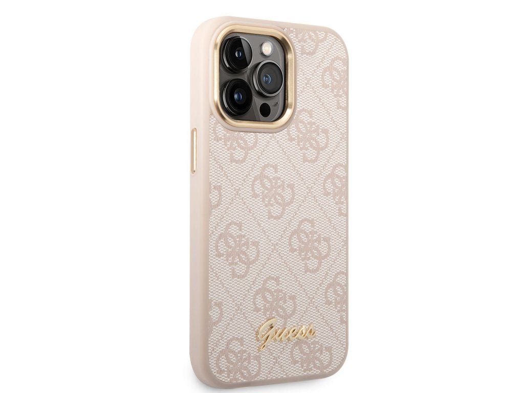 Guess Apple iPhone 14 Pro Max PC/TPU 4G PU Case With Metal Camera Outline & Buttons - Pink