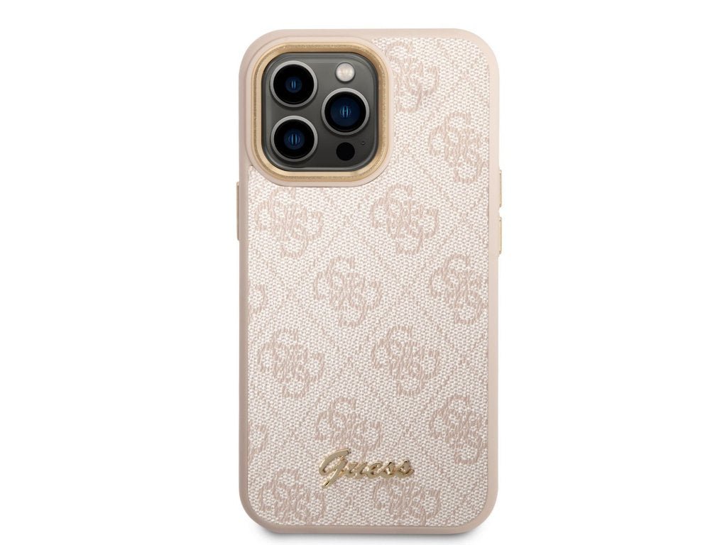 Guess Apple iPhone 14 Pro Max PC/TPU 4G PU Case With Metal Camera Outline & Buttons - Pink