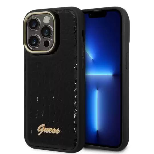 Guess Apple iPhone 14 Pro Pu Croco Case With Metal Camera Outline - Black