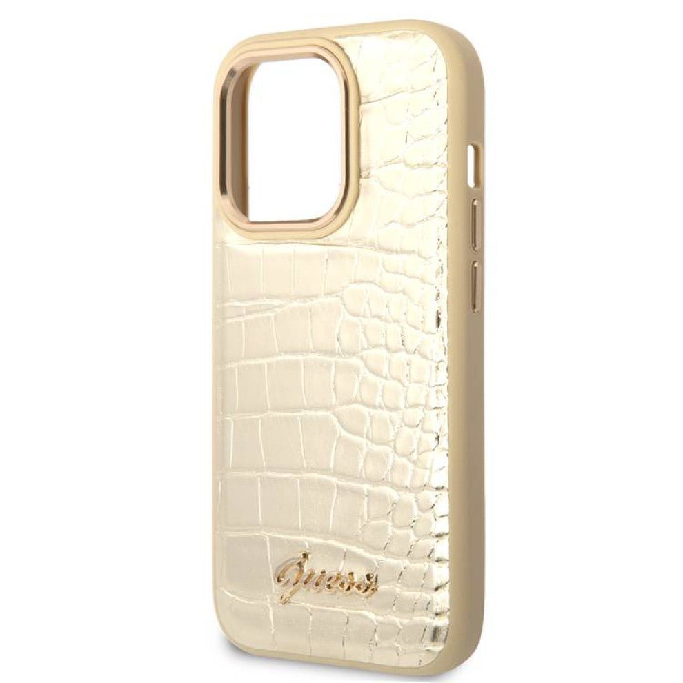 Guess Apple iPhone 14 Pro Pu Croco Case With Metal Camera Outline - Gold