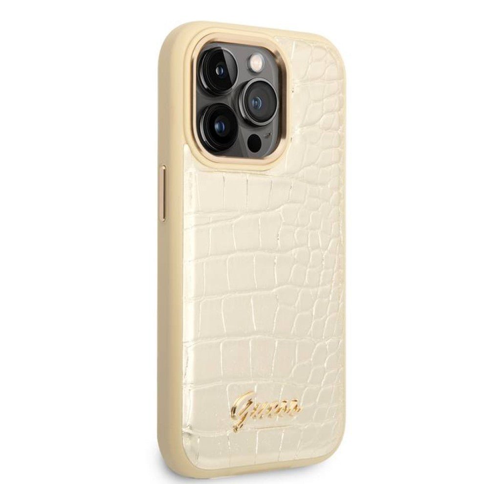 Guess Apple iPhone 14 Pro Pu Croco Case With Metal Camera Outline - Gold