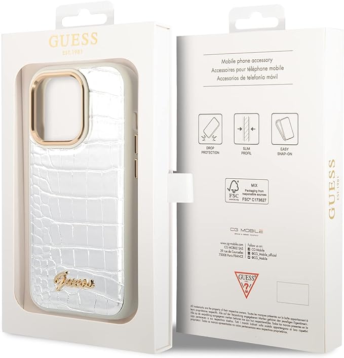 Guess Apple iPhone 14 Pro Max Pu Croco Case With Metal Camera Outline - Silver