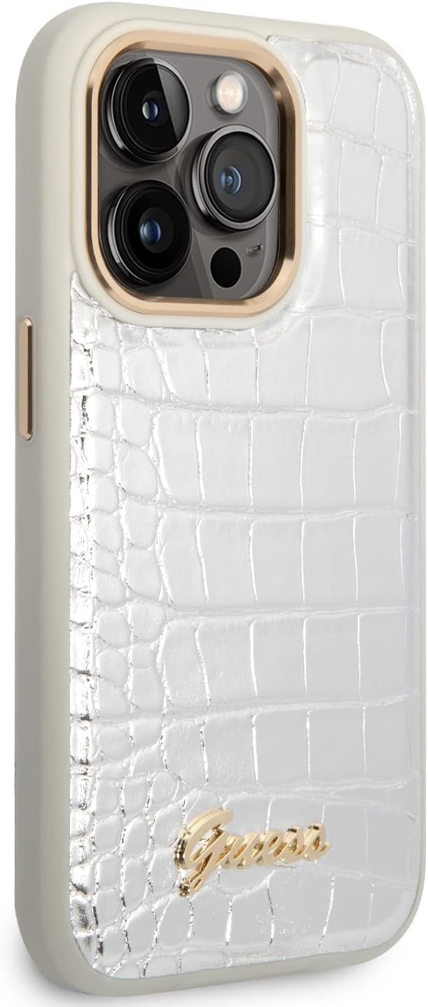 Guess Apple iPhone 14 Pro Max Pu Croco Case With Metal Camera Outline - Silver