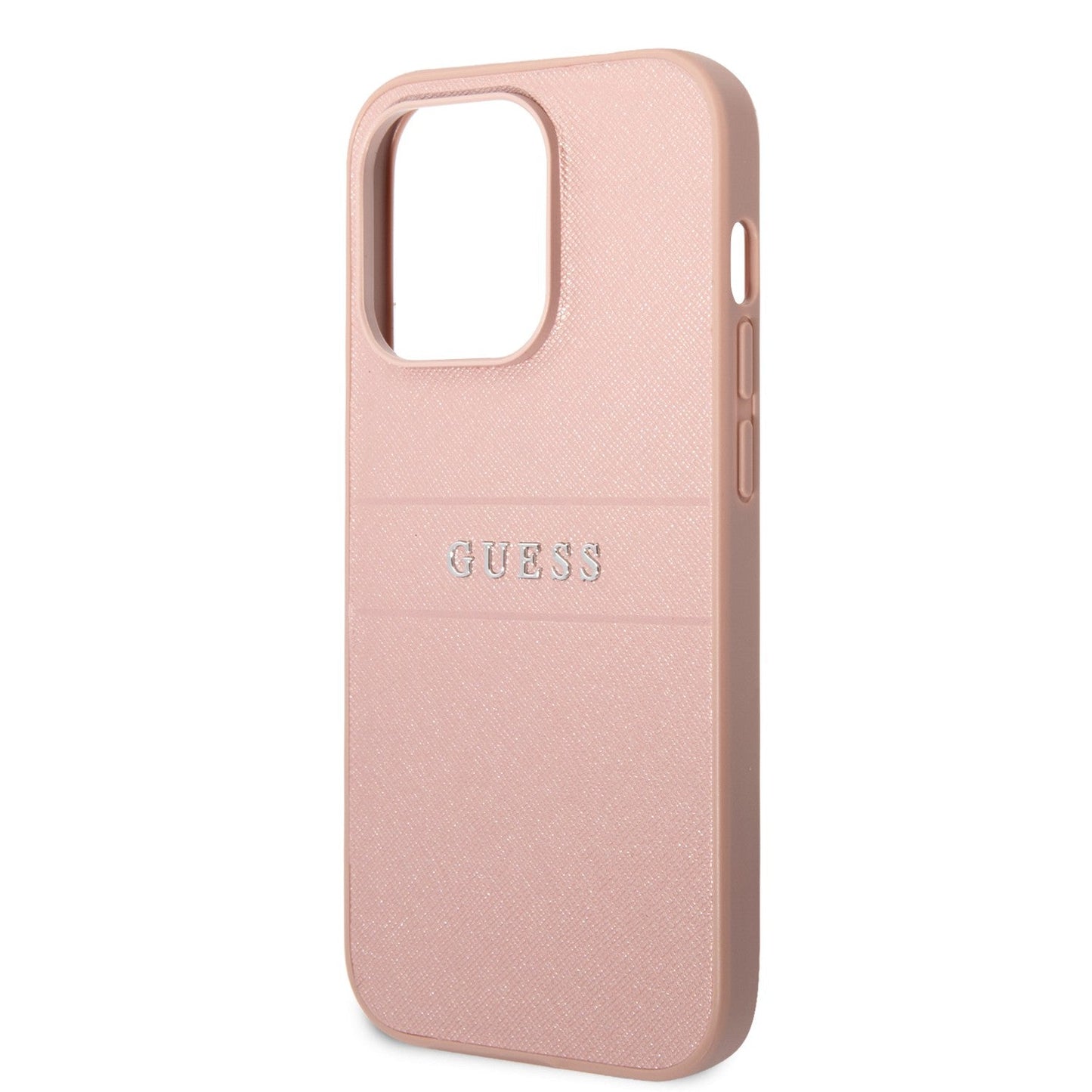 Guess Apple iPhone 14 Pro Max PU Leather Saffiano Case with Metal Logo & Hot Stamp Stripes - Pink