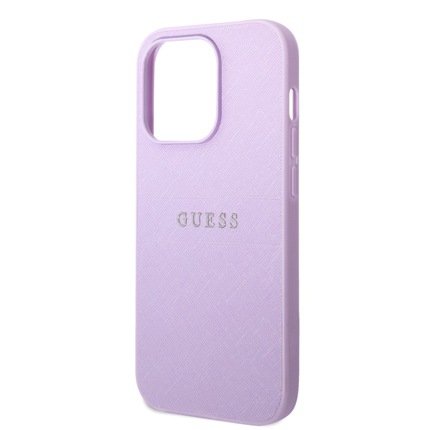 Guess Apple iPhone 14 Pro PU Leather Saffiano Case with Metal Logo & Hot Stamp Stripes - Purple