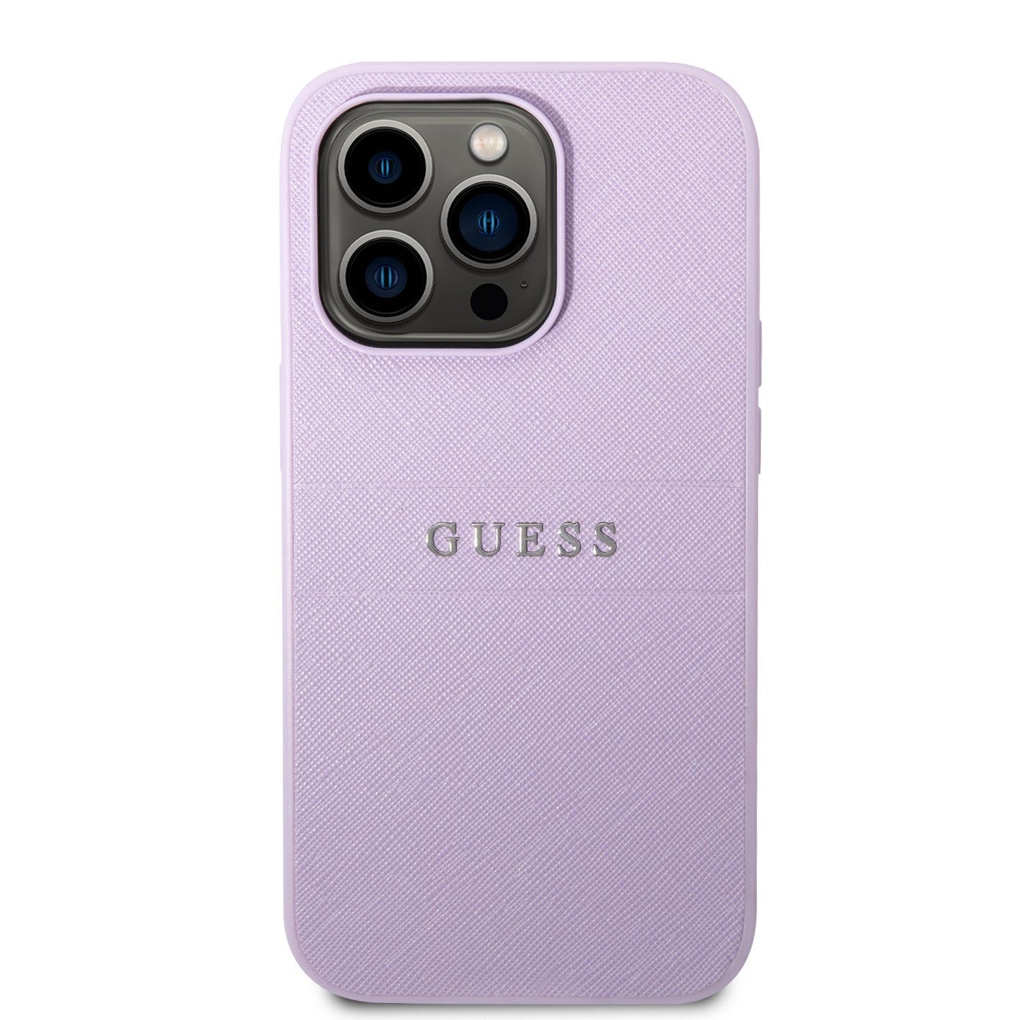 Guess Apple iPhone 14 Pro PU Leather Saffiano Case with Metal Logo & Hot Stamp Stripes - Purple