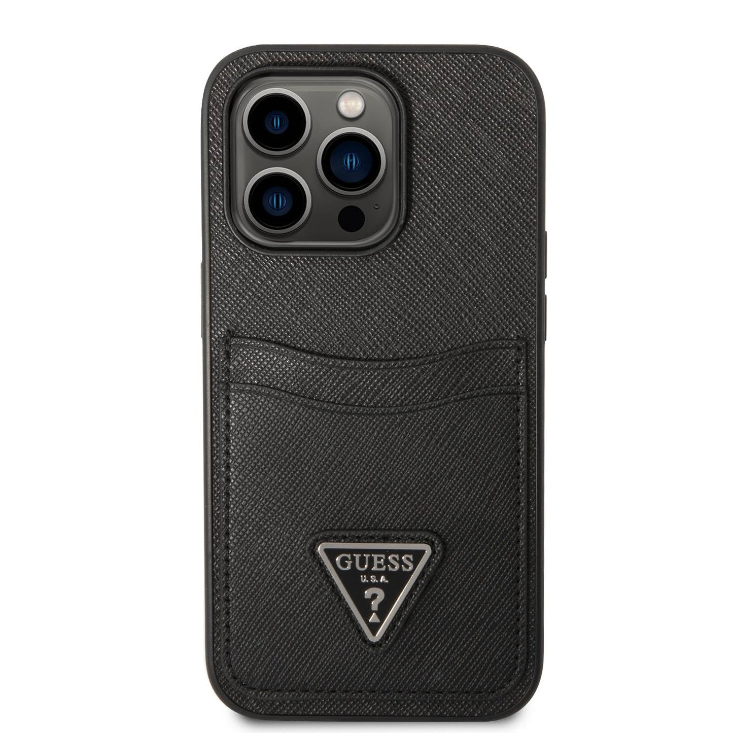 Guess iPhone 14 Pro PU Saffiano Case with Double Cardslot & Metal Triangle Logo - Black