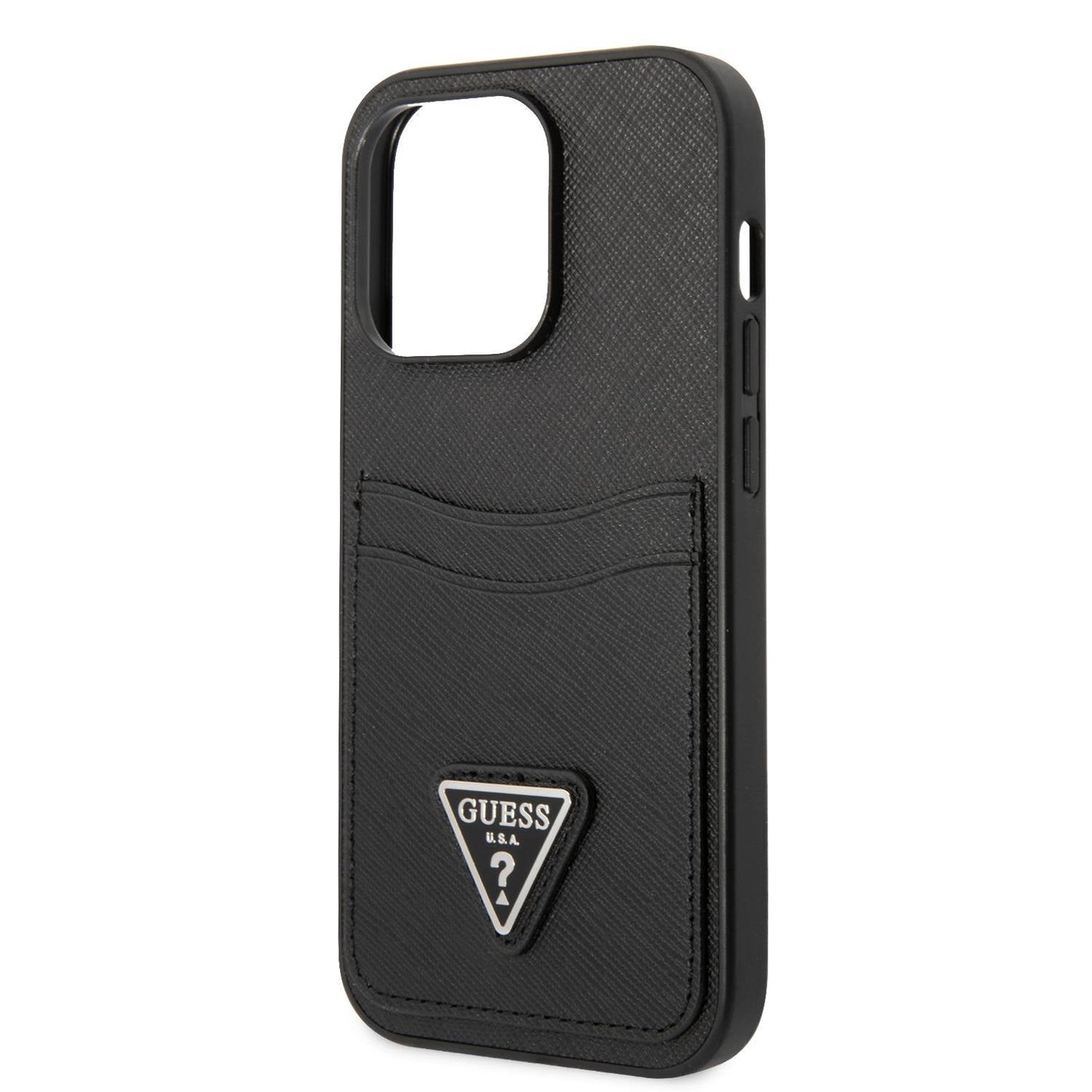 Guess iPhone 14 Pro PU Saffiano Case with Double Cardslot & Metal Triangle Logo - Black