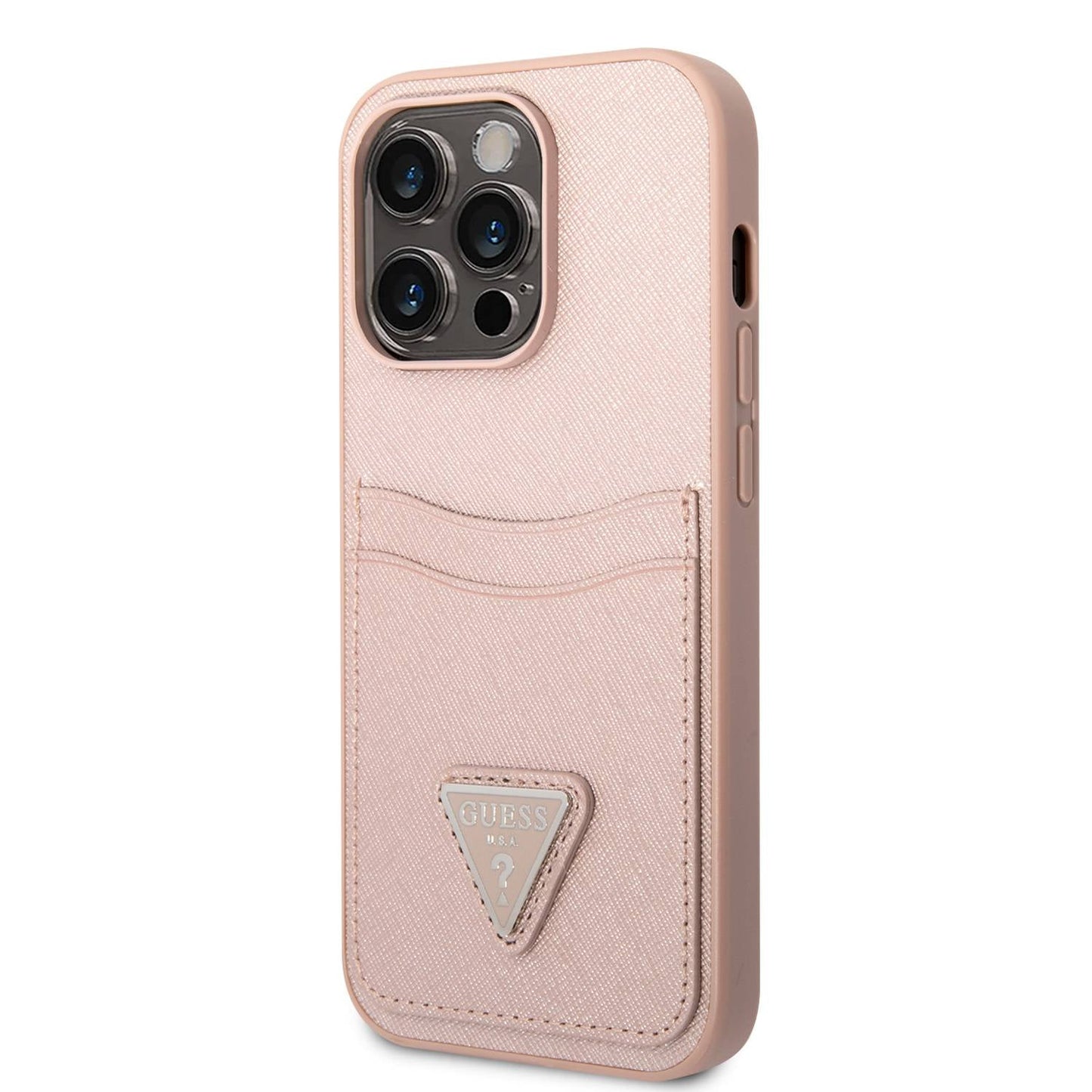 Guess iPhone 14 Pro PU Saffiano Case with Double Cardslot & Metal Triangle Logo - Pink