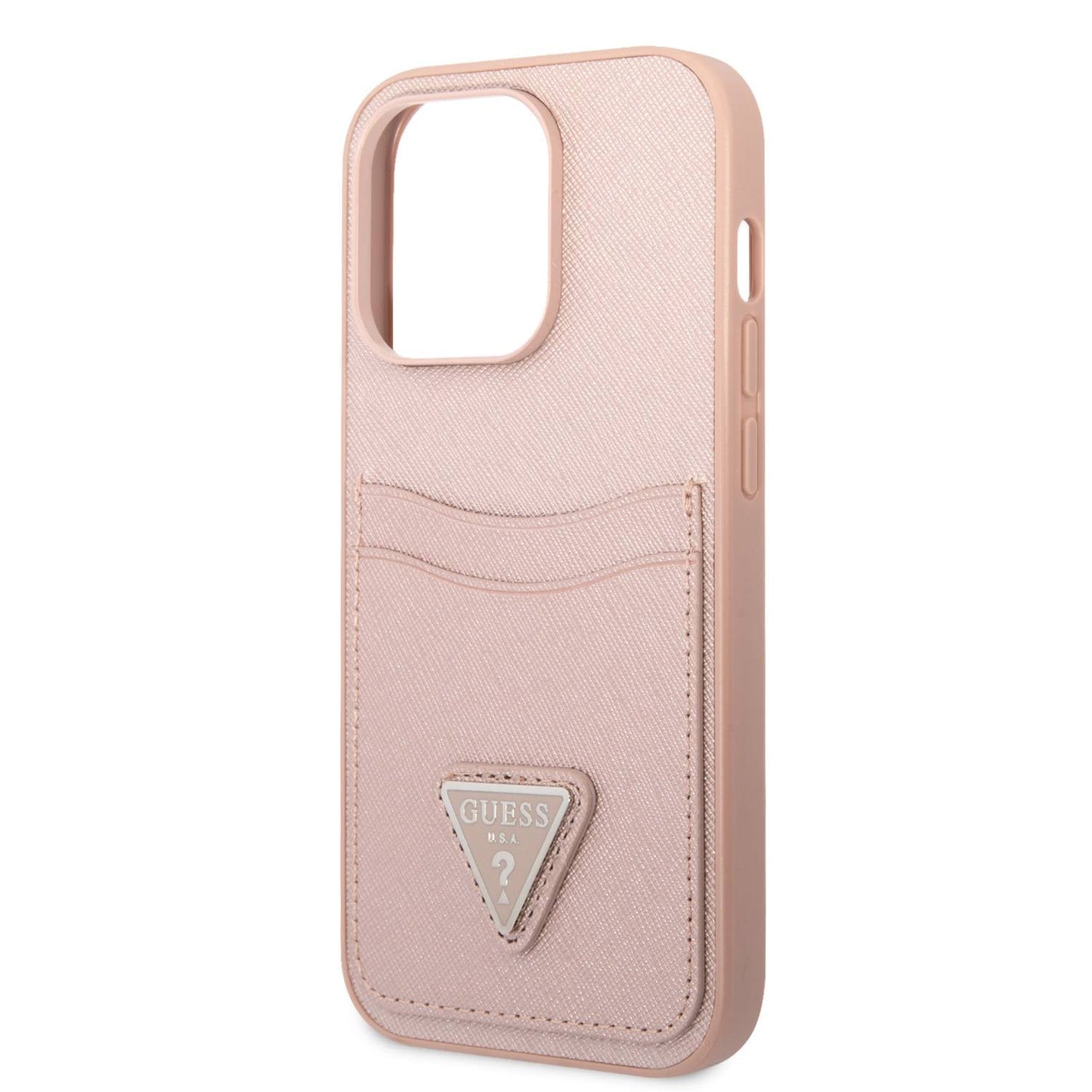 Guess iPhone 14 Pro PU Saffiano Case with Double Cardslot & Metal Triangle Logo - Pink