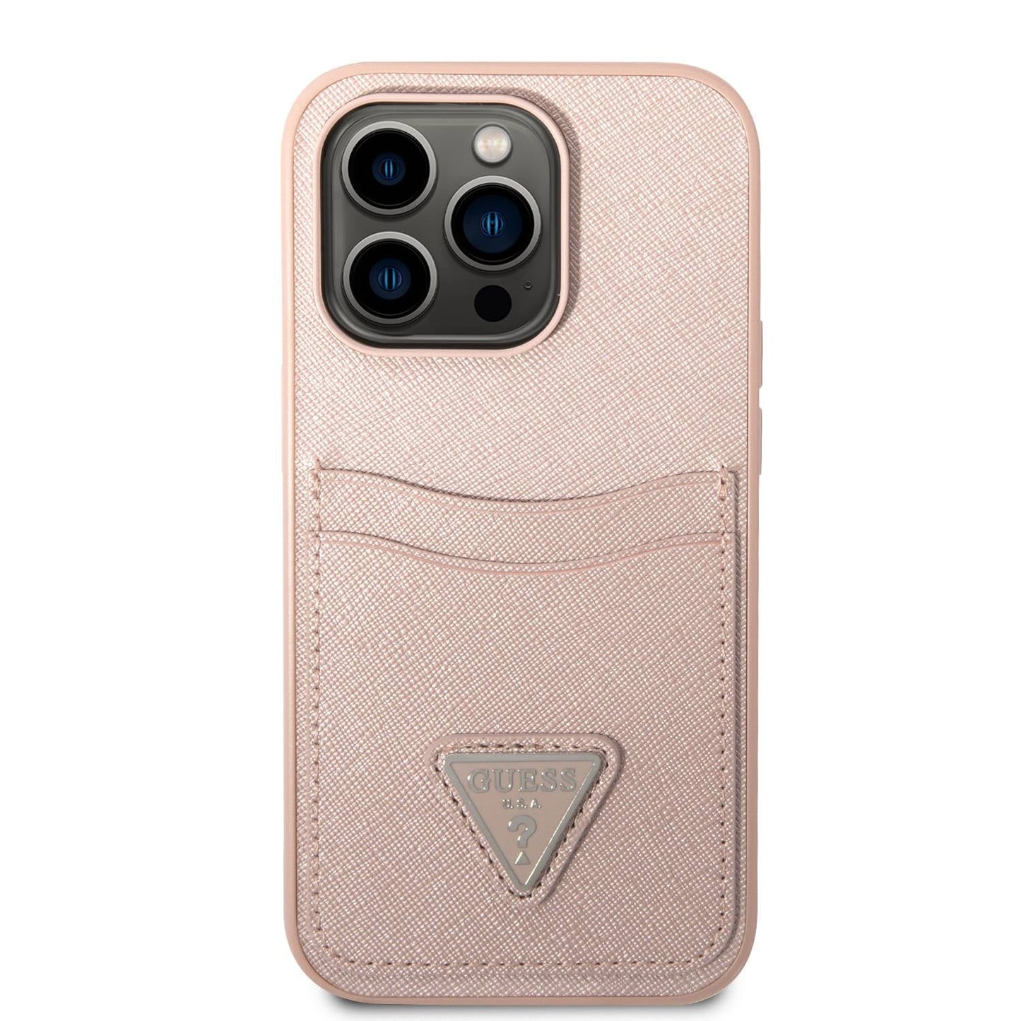 Guess iPhone 14 Pro PU Saffiano Case with Double Cardslot & Metal Triangle Logo - Pink