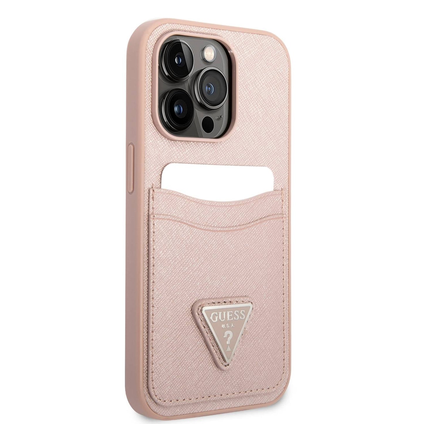 Guess iPhone 14 Pro PU Saffiano Case with Double Cardslot & Metal Triangle Logo - Pink