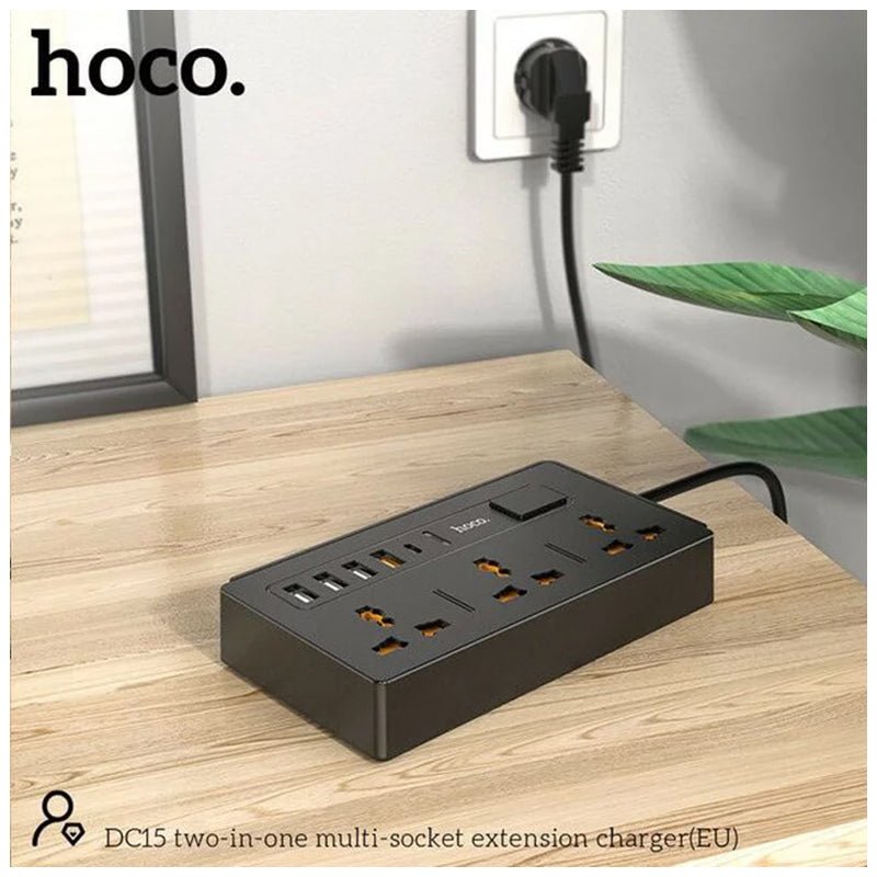 HOCO DC15 Two-In-One Multi-Socket Extension - 30W / 3 Way / Black