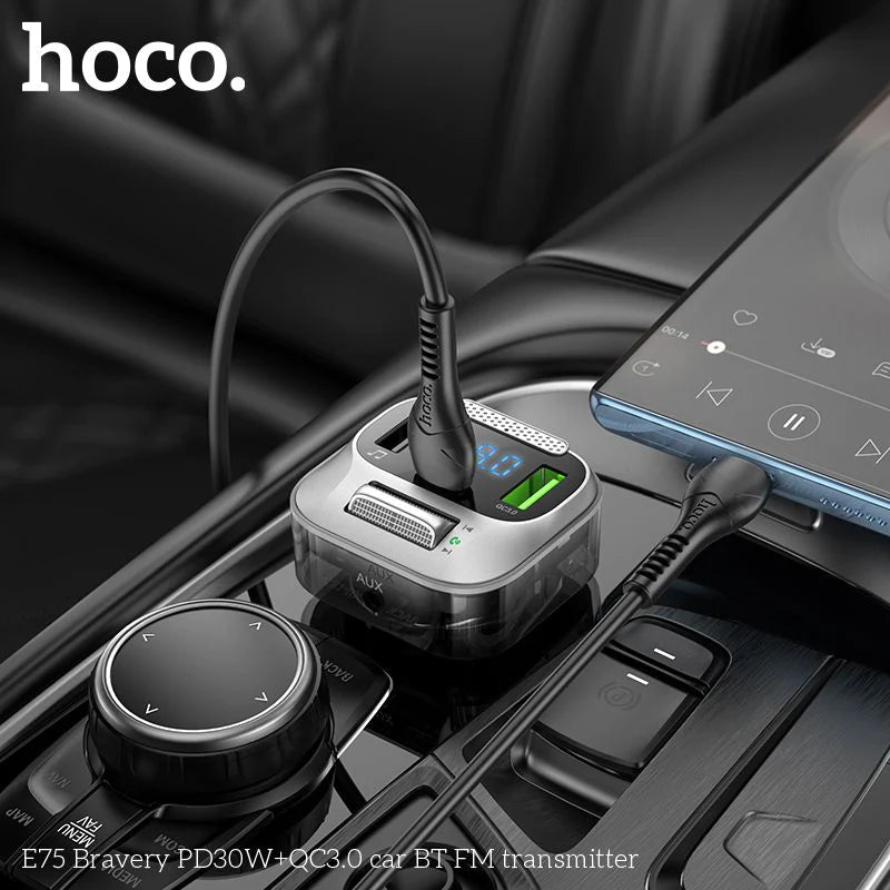 Hoco E75 30W PD USB QC3.0 Car Bluetooth MP3 FM Transmitter Charger – Black