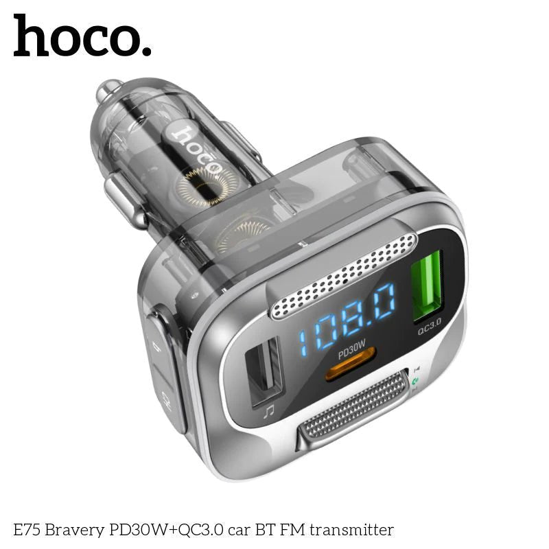 Hoco E75 30W PD USB QC3.0 Car Bluetooth MP3 FM Transmitter Charger – Black