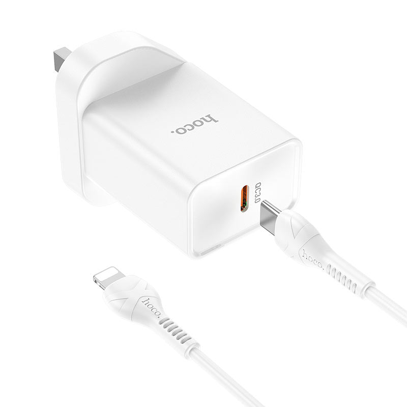 HOCO NK6 Rise Single Port Wall Charger With Lightning to USB-C Cable - USB-C / 20W / White