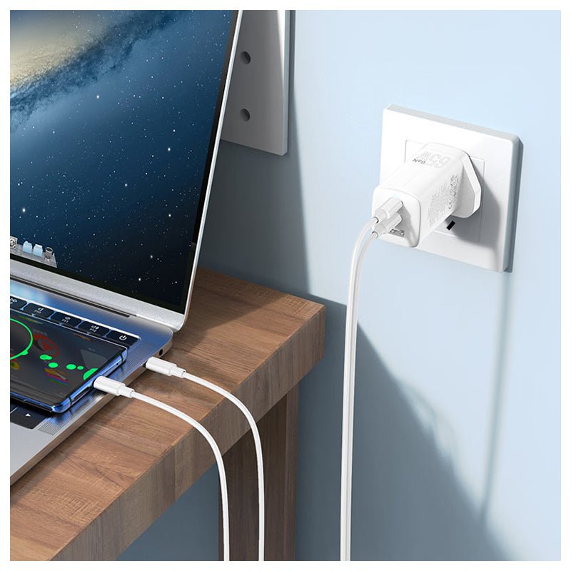 HOCO NK7 GaN Wall Charger With USB-C Cable - USB-C / USB-A / White