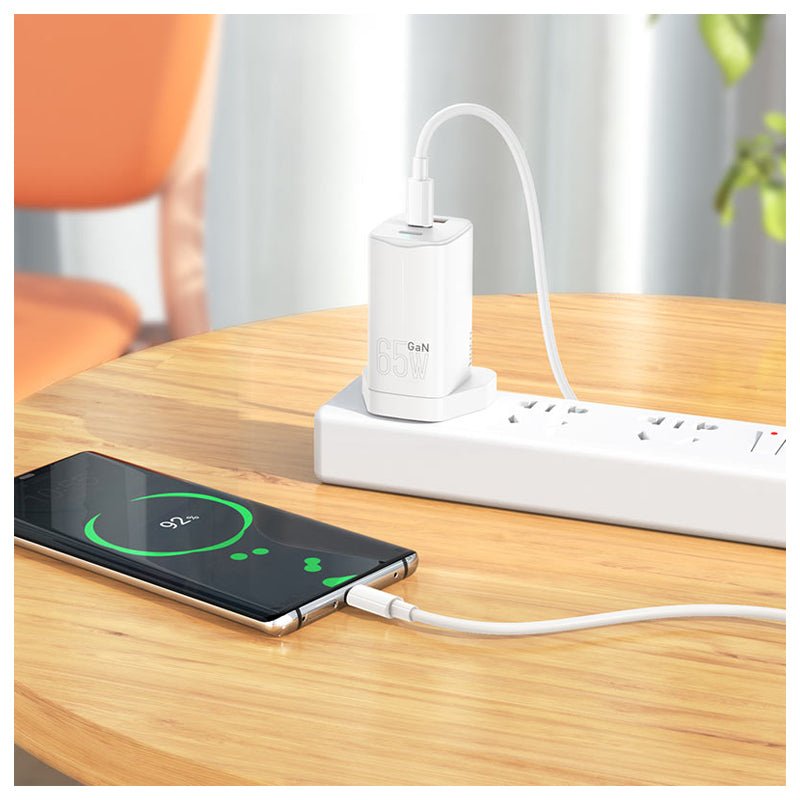 HOCO NK7 GaN Wall Charger With USB-C Cable - USB-C / USB-A / White