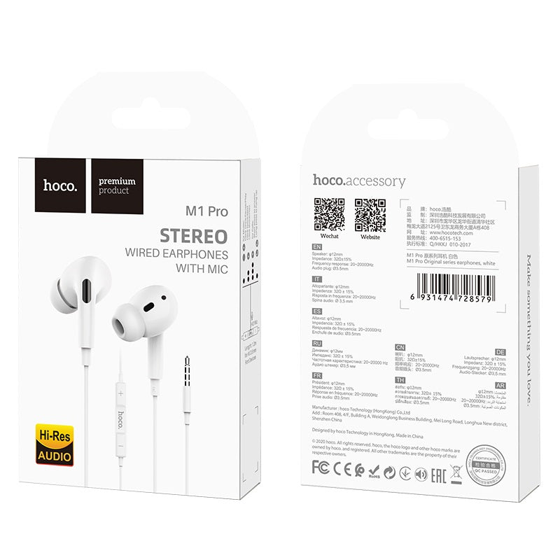 Hoco Wired earphones 3.5mm M1 Pro Original series with mic – White