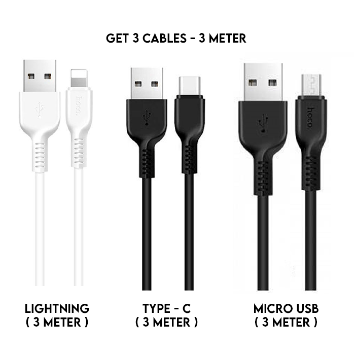 Hoco X20 Flash Charging Data Cable - 3Meter / Type-C/ Lightning / Micro USB / Black / White