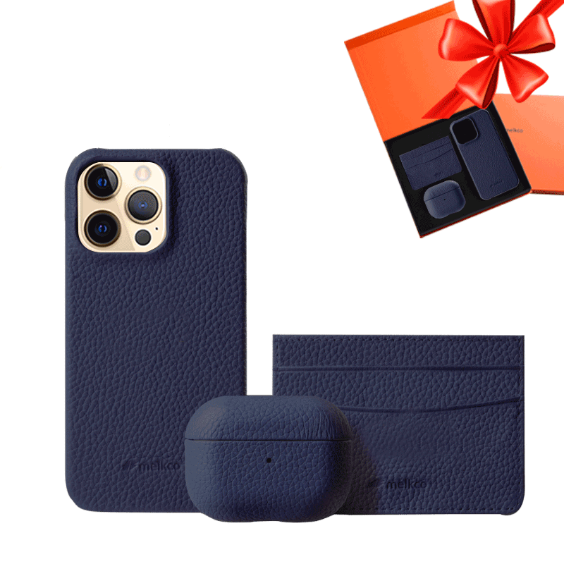 iPhone 12 & 12 Pro - Airpod 3 - Dark Blue Leather Case Gift Set With Wallet