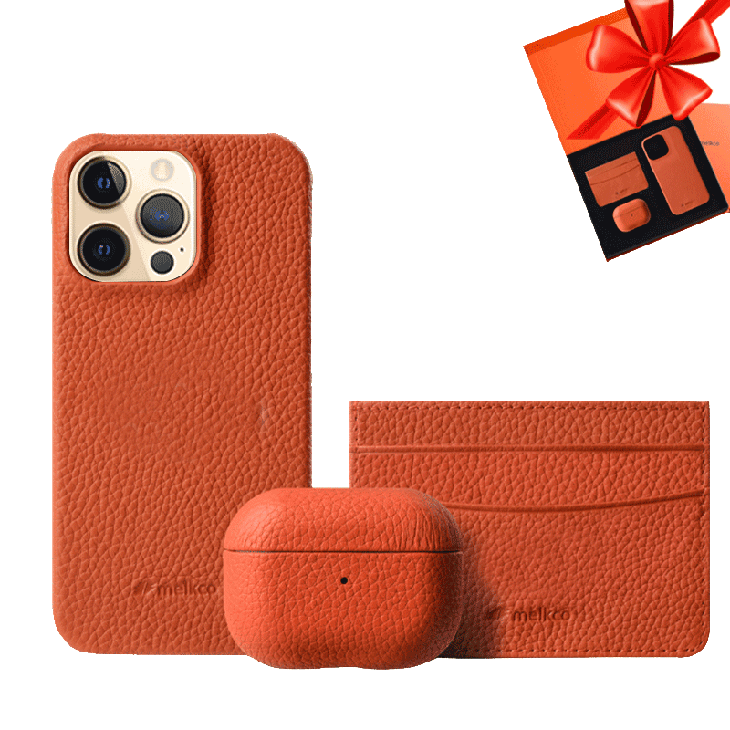 iPhone 12 & 12 Pro - Airpod Pro 2 - Orange Leather Case Gift Set With Wallet