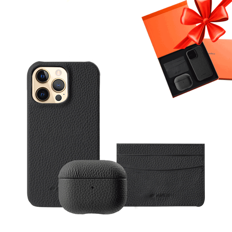 iPhone 12 & 12 Pro - Airpod Pro - Black Leather Case Gift Set With Wallet