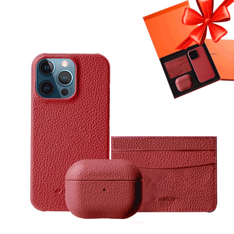 iPhone 12 & 12 Pro - Airpod Pro - Red Leather Case Gift Set With Wallet